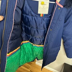 Mini Boden Navy Kids Puffer Jacket With Rainbow Fur Hood
